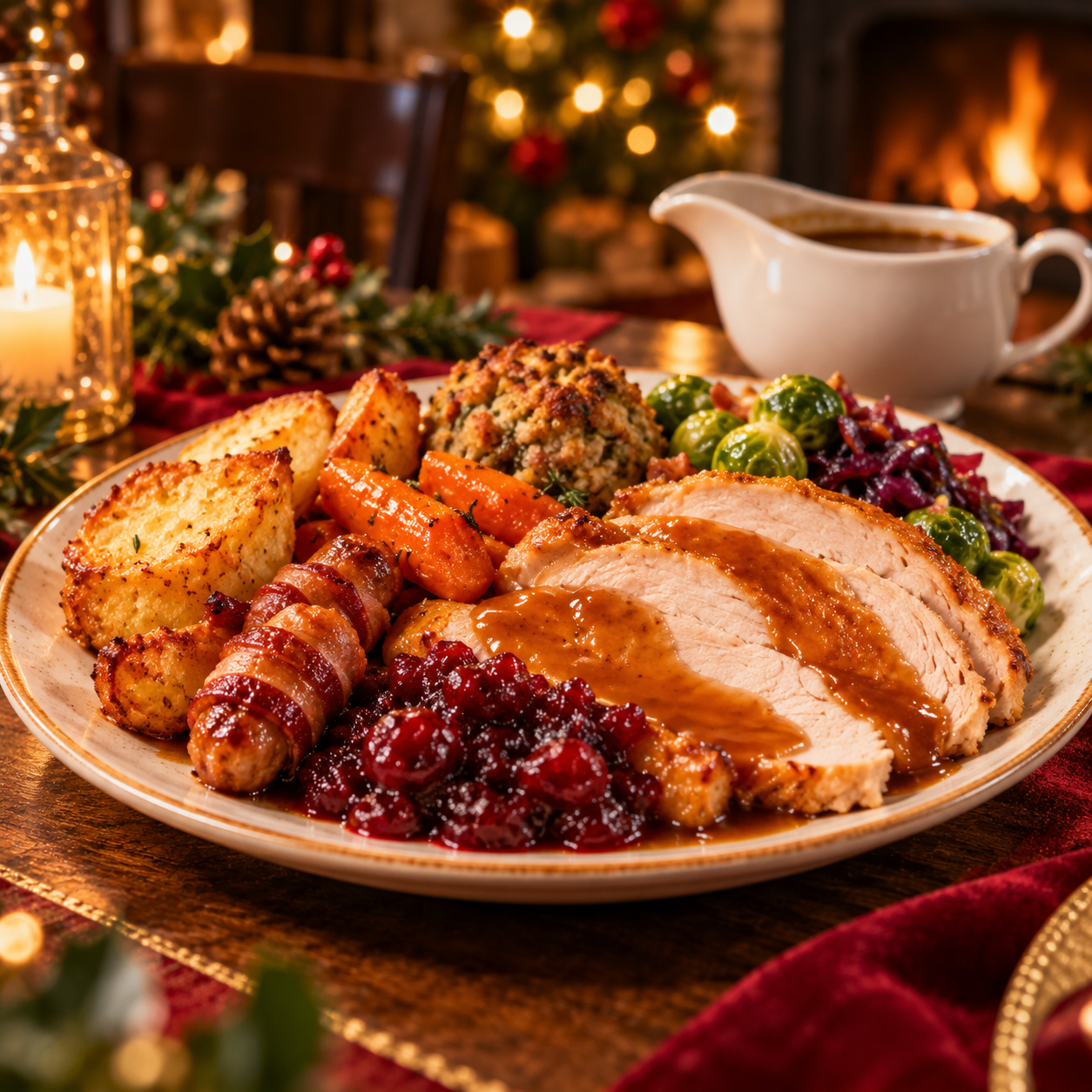 Traditional Christmas dinner with roast turkey, potatoes, seasonal vegetables and all the trimmings