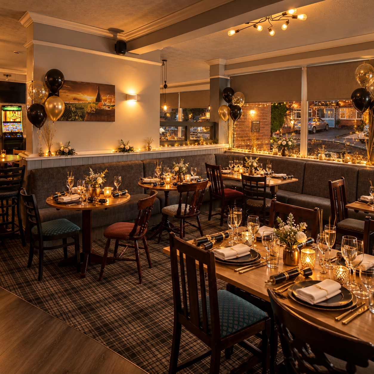 The Sunnyside dining room prepared with elegant black and gold New Year's Eve tables